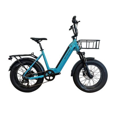 Bici da città elettrica fat bike azzurro con cestino anteriore a saldare